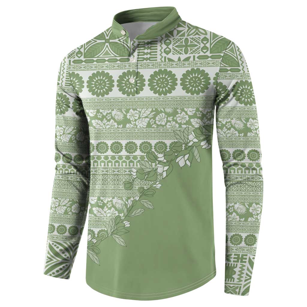 Fiji Marau na Kerisimasi Button Sweatshirt Sage Green Tagimoucia Tapa Masi Tribal - Polynesian Pride