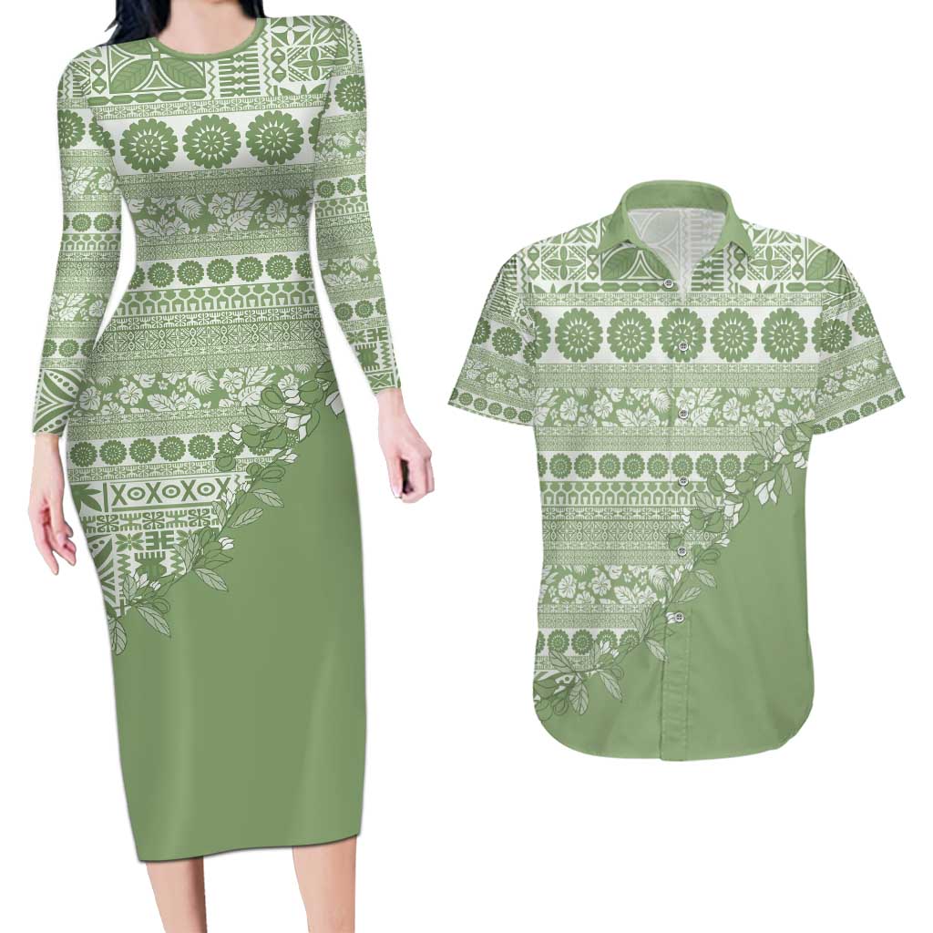 Fiji Marau na Kerisimasi Couples Matching Long Sleeve Bodycon Dress and Hawaiian Shirt Sage Green Tagimoucia Tapa Masi Tribal - Polynesian Pride