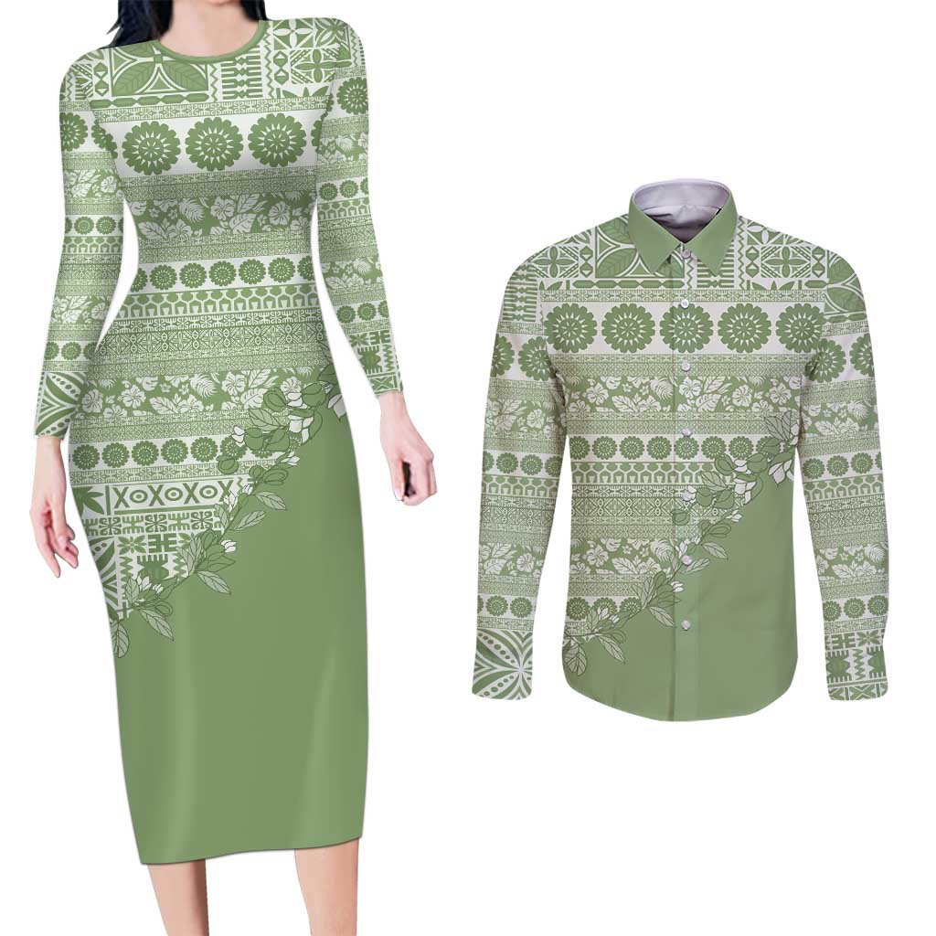 Fiji Marau na Kerisimasi Couples Matching Long Sleeve Bodycon Dress and Long Sleeve Button Shirt Sage Green Tagimoucia Tapa Masi Tribal - Polynesian Pride