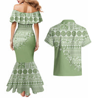 Fiji Marau na Kerisimasi Couples Matching Mermaid Dress and Hawaiian Shirt Sage Green Tagimoucia Tapa Masi Tribal - Polynesian Pride