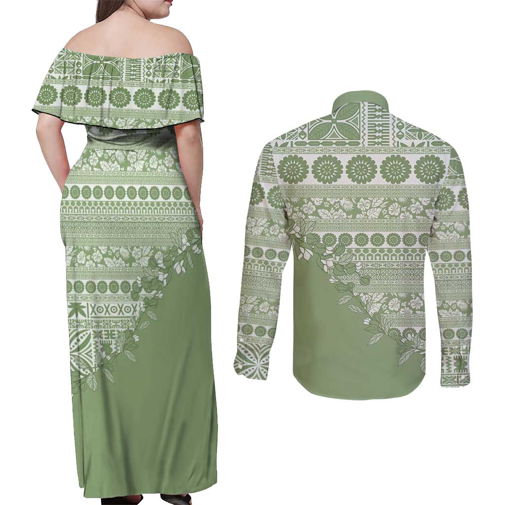Fiji Marau na Kerisimasi Couples Matching Off Shoulder Maxi Dress and Long Sleeve Button Shirt Sage Green Tagimoucia Tapa Masi Tribal - Polynesian Pride