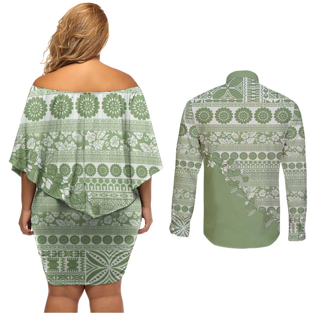 Fiji Marau na Kerisimasi Couples Matching Off Shoulder Short Dress and Long Sleeve Button Shirt Sage Green Tagimoucia Tapa Masi Tribal - Polynesian Pride