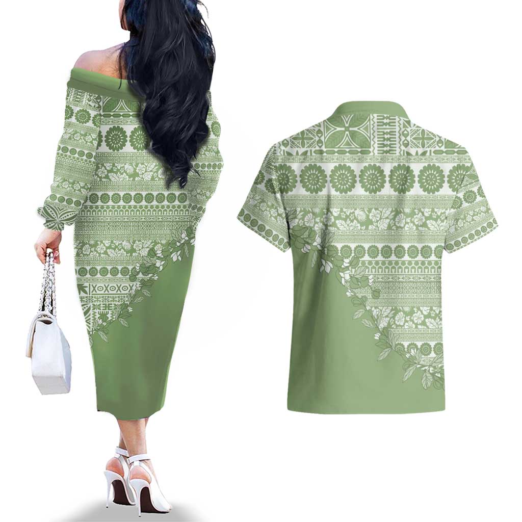 Fiji Marau na Kerisimasi Couples Matching Off The Shoulder Long Sleeve Dress and Hawaiian Shirt Sage Green Tagimoucia Tapa Masi Tribal - Polynesian Pride