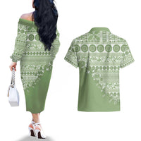 Fiji Marau na Kerisimasi Couples Matching Off The Shoulder Long Sleeve Dress and Hawaiian Shirt Sage Green Tagimoucia Tapa Masi Tribal - Polynesian Pride
