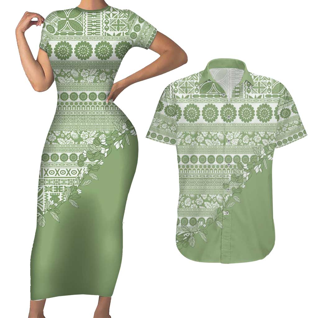 Fiji Marau na Kerisimasi Couples Matching Short Sleeve Bodycon Dress and Hawaiian Shirt Sage Green Tagimoucia Tapa Masi Tribal - Polynesian Pride