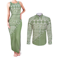 Fiji Marau na Kerisimasi Couples Matching Tank Maxi Dress and Long Sleeve Button Shirt Sage Green Tagimoucia Tapa Masi Tribal - Polynesian Pride