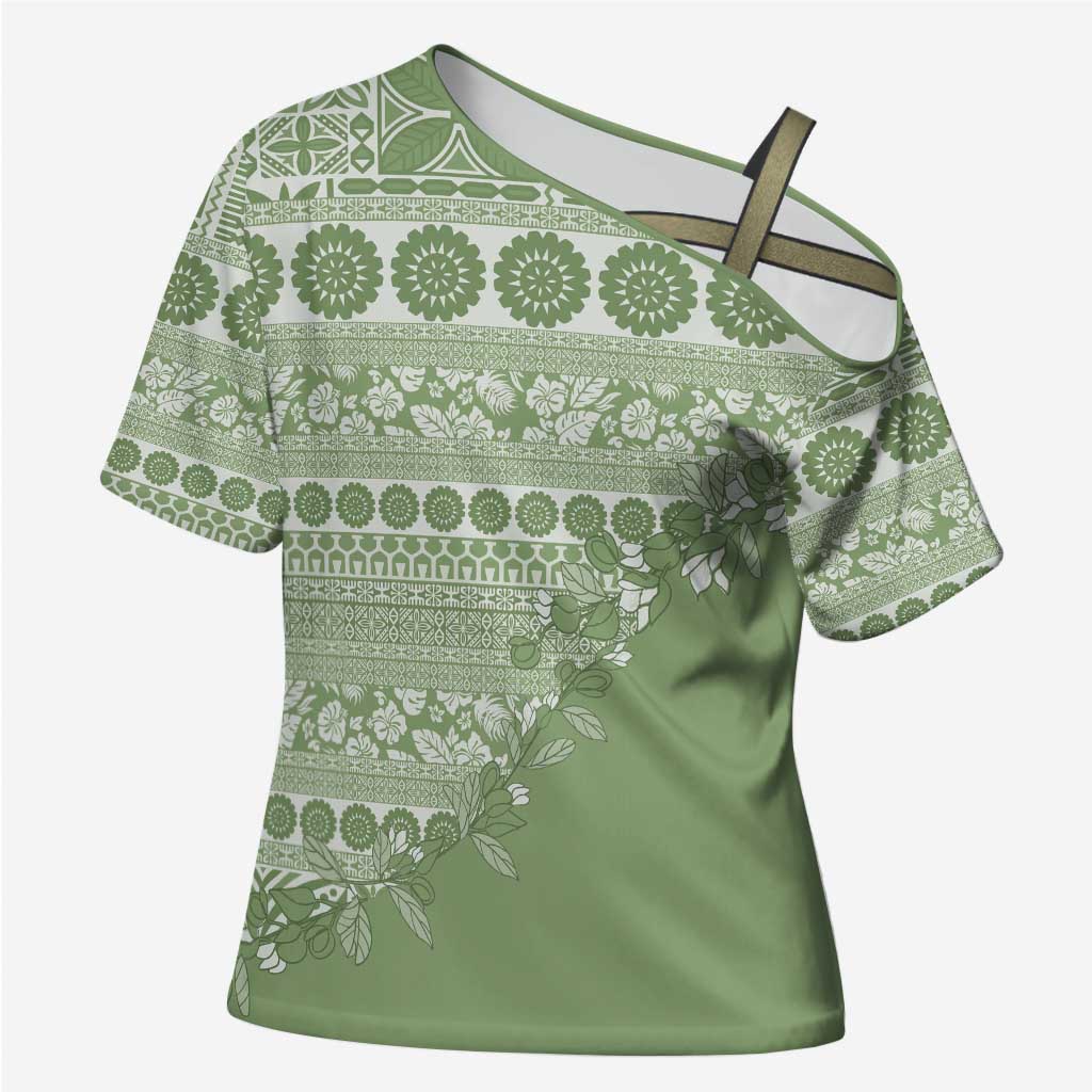 Fiji Marau na Kerisimasi Cross Shoulder Shirt Sage Green Tagimoucia Tapa Masi Tribal - Polynesian Pride