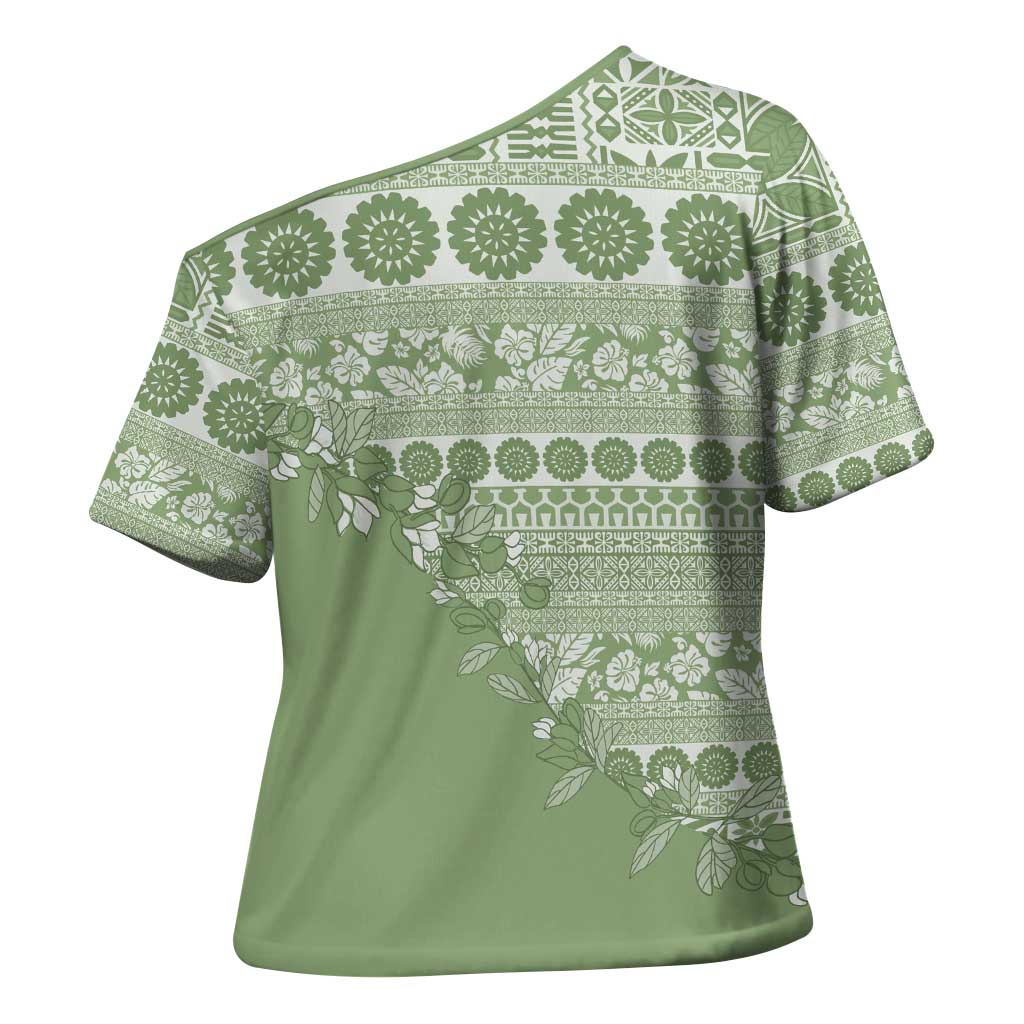 Fiji Marau na Kerisimasi Cross Shoulder Shirt Sage Green Tagimoucia Tapa Masi Tribal - Polynesian Pride