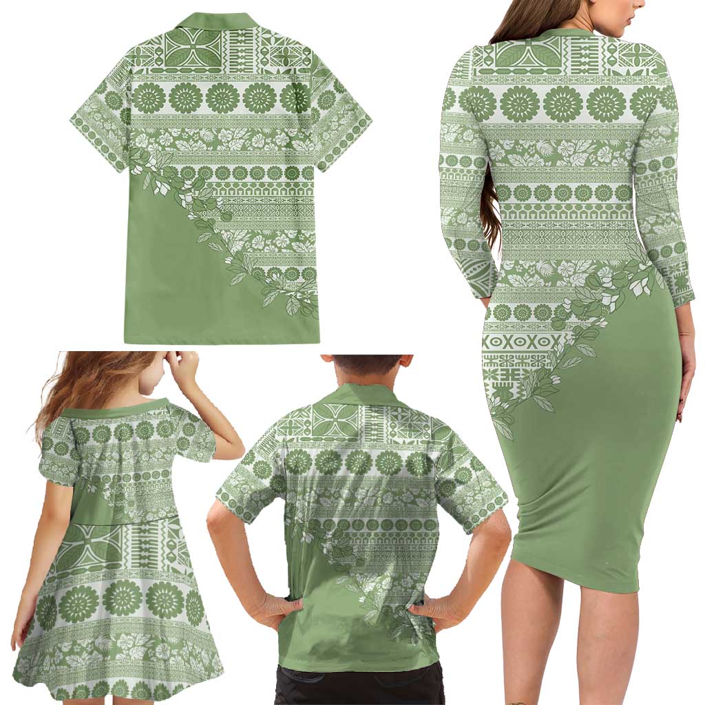 Fiji Marau na Kerisimasi Family Matching Long Sleeve Bodycon Dress and Hawaiian Shirt Sage Green Tagimoucia Tapa Masi Tribal - Polynesian Pride