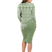 Fiji Marau na Kerisimasi Family Matching Long Sleeve Bodycon Dress and Hawaiian Shirt Sage Green Tagimoucia Tapa Masi Tribal - Polynesian Pride