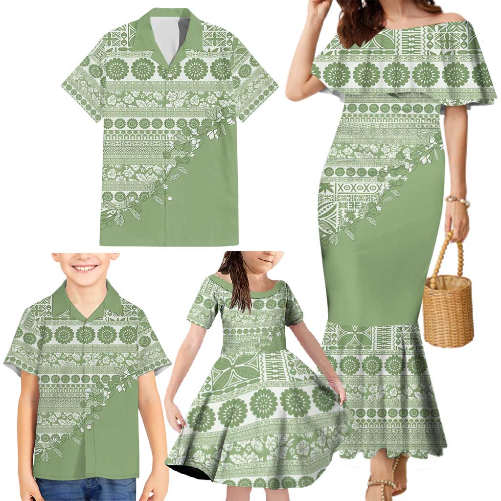 Fiji Marau na Kerisimasi Family Matching Mermaid Dress and Hawaiian Shirt Sage Green Tagimoucia Tapa Masi Tribal - Polynesian Pride