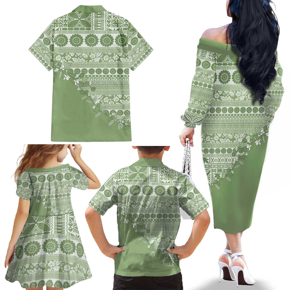 Fiji Marau na Kerisimasi Family Matching Off The Shoulder Long Sleeve Dress and Hawaiian Shirt Sage Green Tagimoucia Tapa Masi Tribal - Polynesian Pride