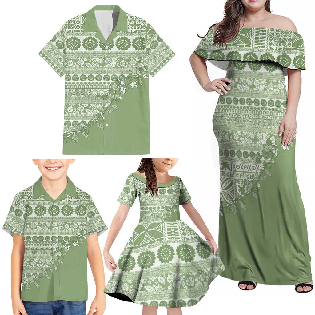 Fiji Marau na Kerisimasi Family Matching Off Shoulder Maxi Dress and Hawaiian Shirt Sage Green Tagimoucia Tapa Masi Tribal - Polynesian Pride