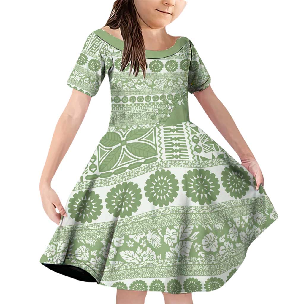 Fiji Marau na Kerisimasi Family Matching Off Shoulder Short Dress and Hawaiian Shirt Sage Green Tagimoucia Tapa Masi Tribal - Polynesian Pride