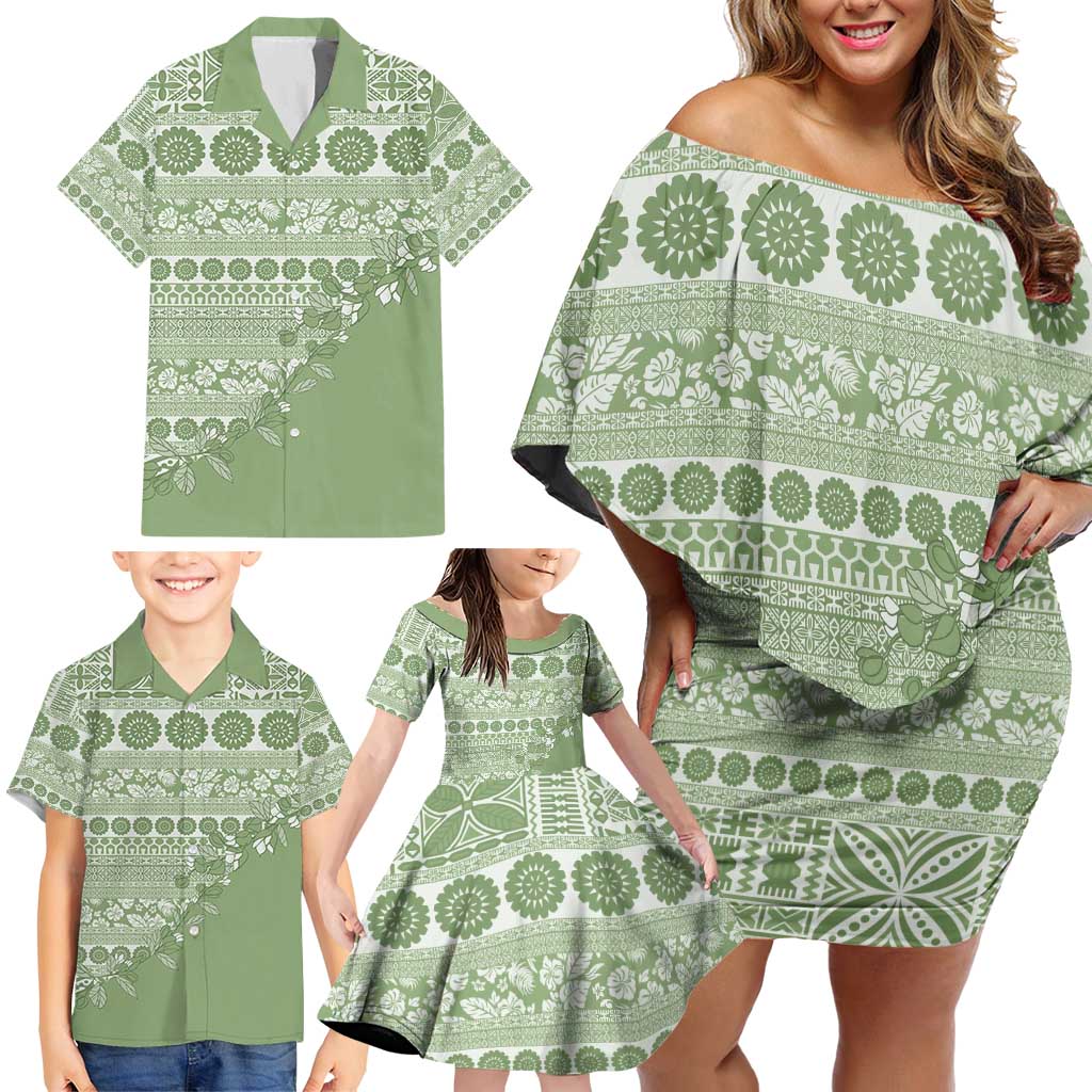 Fiji Marau na Kerisimasi Family Matching Off Shoulder Short Dress and Hawaiian Shirt Sage Green Tagimoucia Tapa Masi Tribal - Polynesian Pride