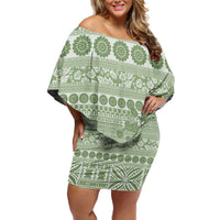 Fiji Marau na Kerisimasi Family Matching Off Shoulder Short Dress and Hawaiian Shirt Sage Green Tagimoucia Tapa Masi Tribal - Polynesian Pride