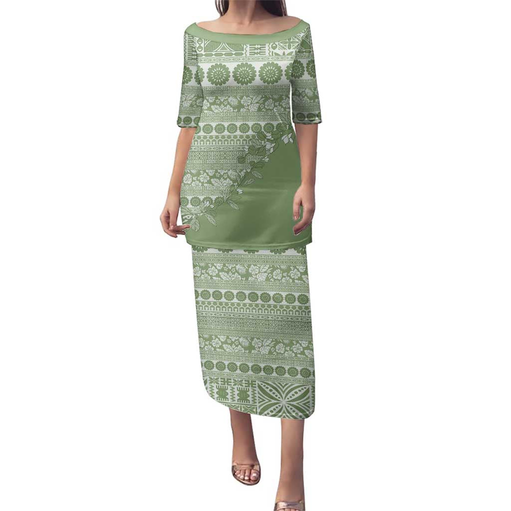 Fiji Marau na Kerisimasi Family Matching Puletasi and Hawaiian Shirt Sage Green Tagimoucia Tapa Masi Tribal - Polynesian Pride