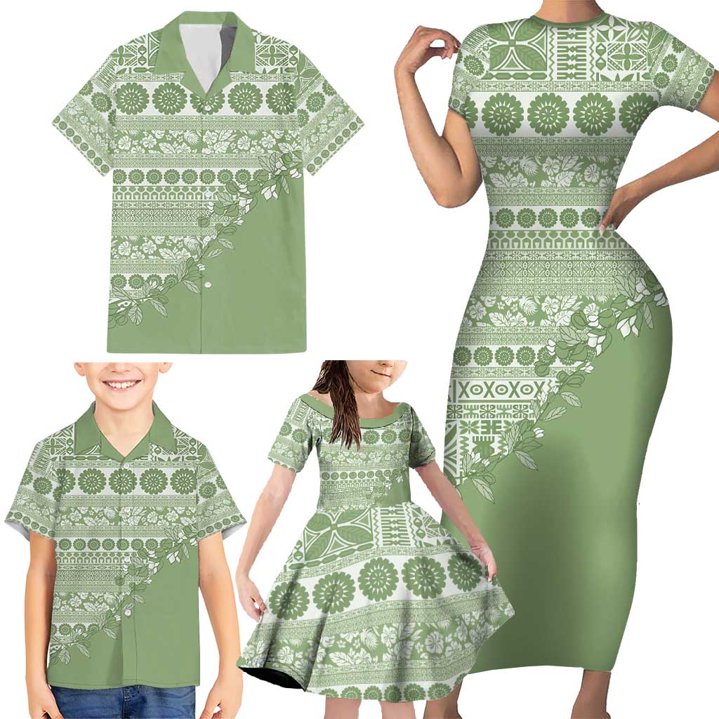 Fiji Marau na Kerisimasi Family Matching Short Sleeve Bodycon Dress and Hawaiian Shirt Sage Green Tagimoucia Tapa Masi Tribal - Polynesian Pride