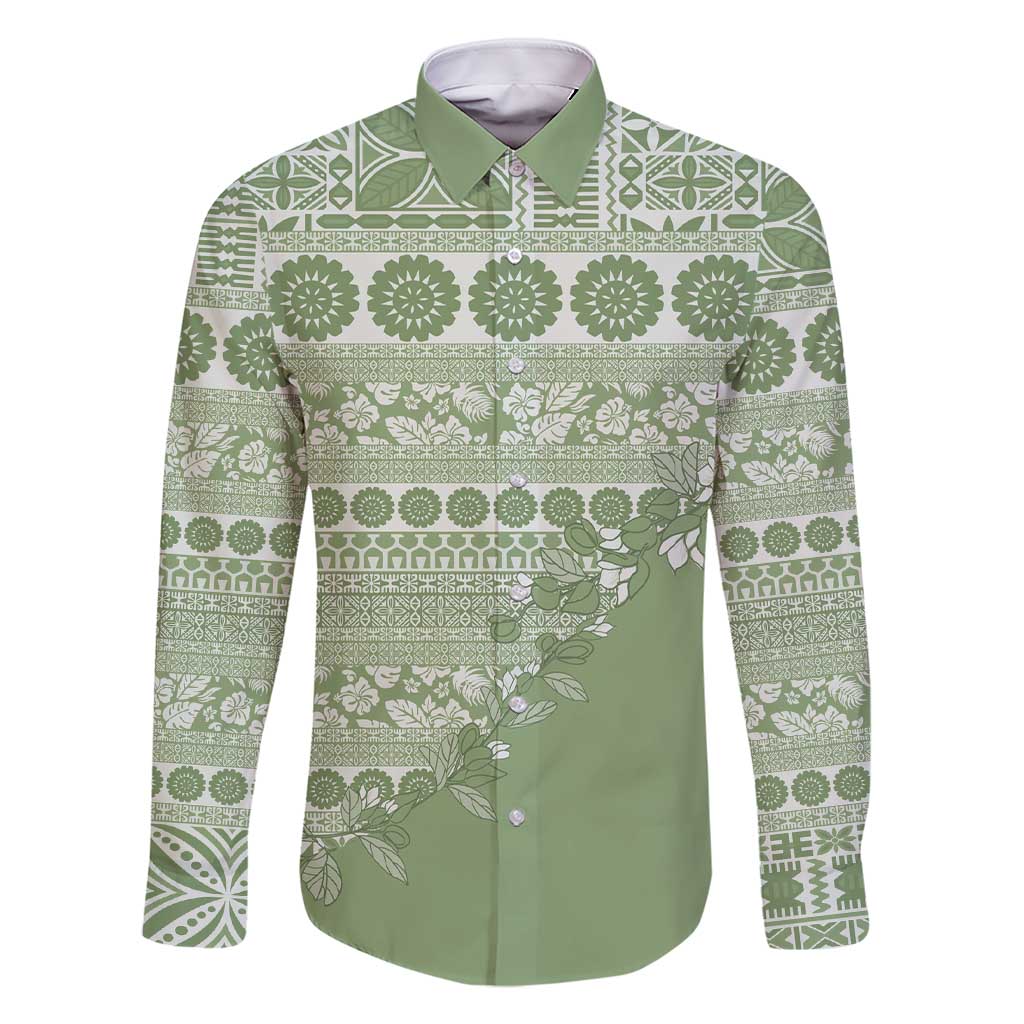 Fiji Marau na Kerisimasi Family Matching Short Sleeve Bodycon Dress and Hawaiian Shirt Sage Green Tagimoucia Tapa Masi Tribal - Polynesian Pride