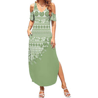 Fiji Marau na Kerisimasi Family Matching Summer Maxi Dress and Hawaiian Shirt Sage Green Tagimoucia Tapa Masi Tribal - Polynesian Pride