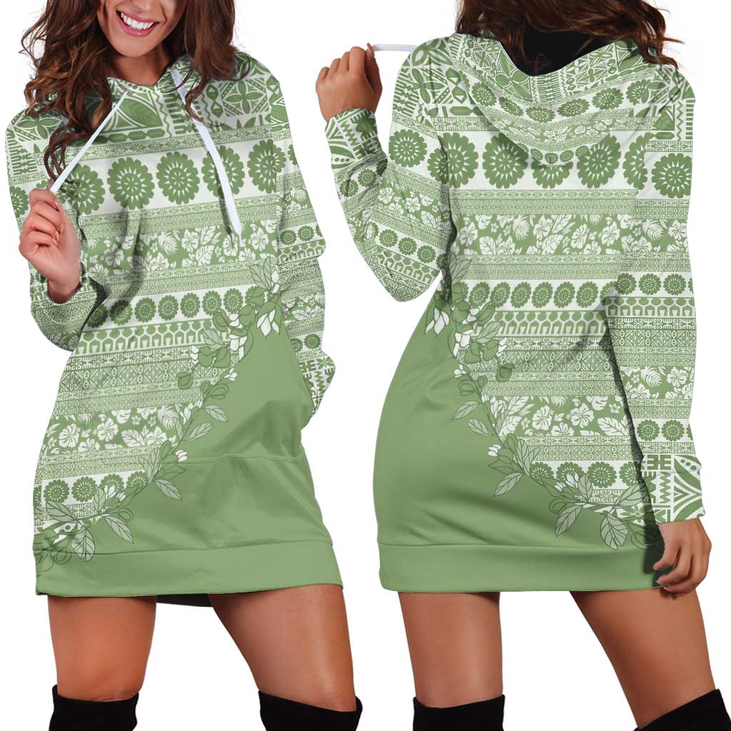 Fiji Marau na Kerisimasi Hoodie Dress Sage Green Tagimoucia Tapa Masi Tribal - Polynesian Pride