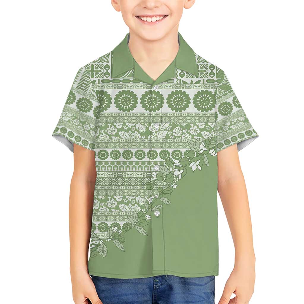 Fiji Marau na Kerisimasi Kid Hawaiian Shirt Sage Green Tagimoucia Tapa Masi Tribal - Polynesian Pride