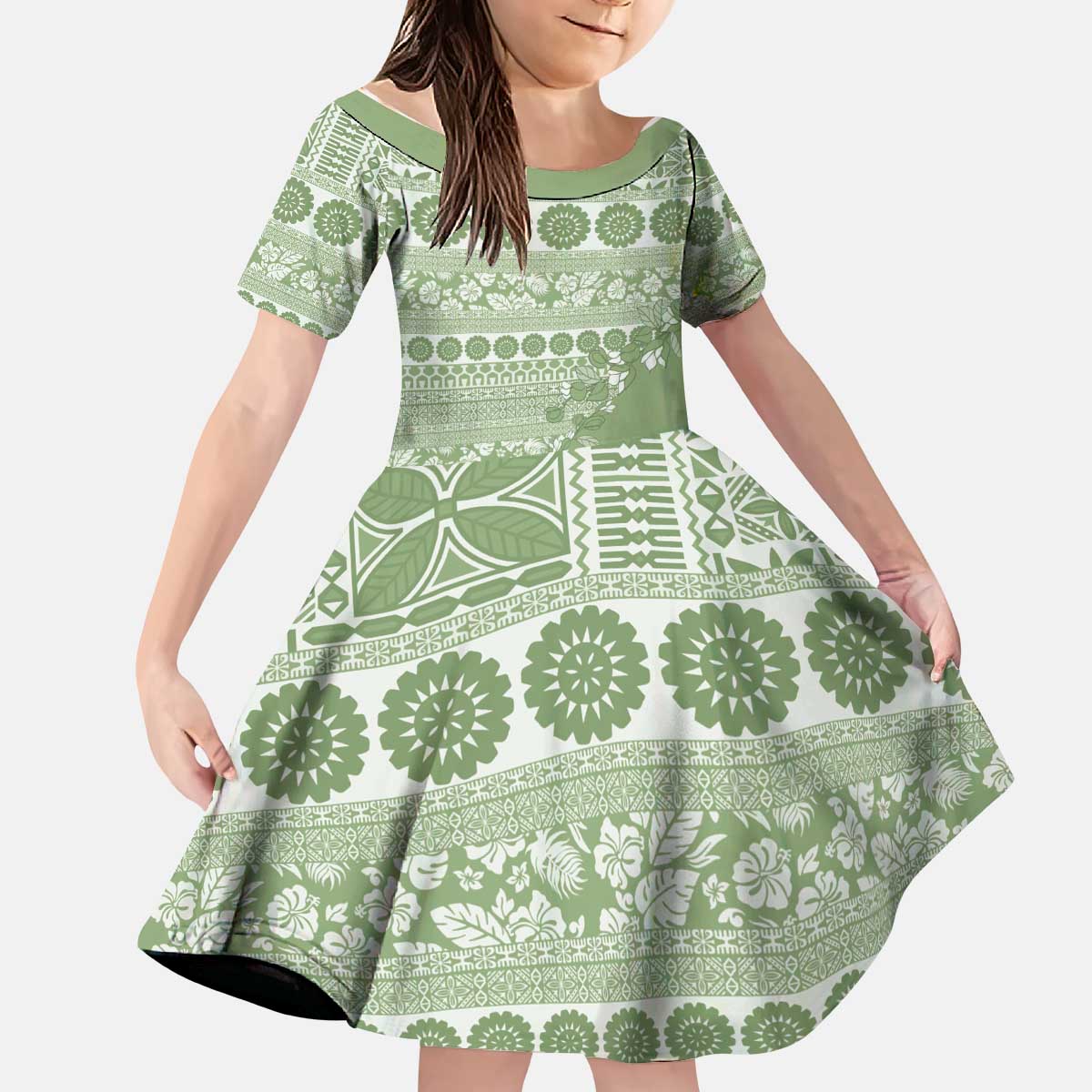 Fiji Marau na Kerisimasi Kid Short Sleeve Dress Sage Green Tagimoucia Tapa Masi Tribal - Polynesian Pride