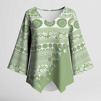Fiji Marau na Kerisimasi Kimono Sleeve Blouse Sage Green Tagimoucia Tapa Masi Tribal - Polynesian Pride