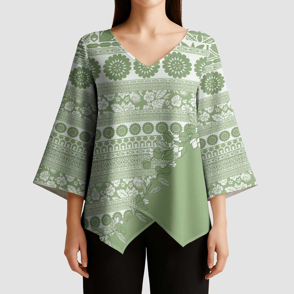 Fiji Marau na Kerisimasi Kimono Sleeve Blouse Sage Green Tagimoucia Tapa Masi Tribal - Polynesian Pride
