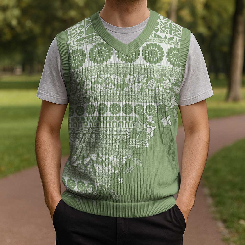 Fiji Marau na Kerisimasi Christmas Knitted V-Neck Vest Sage Green Tagimoucia Tapa Masi Tribal - Polynesian Pride