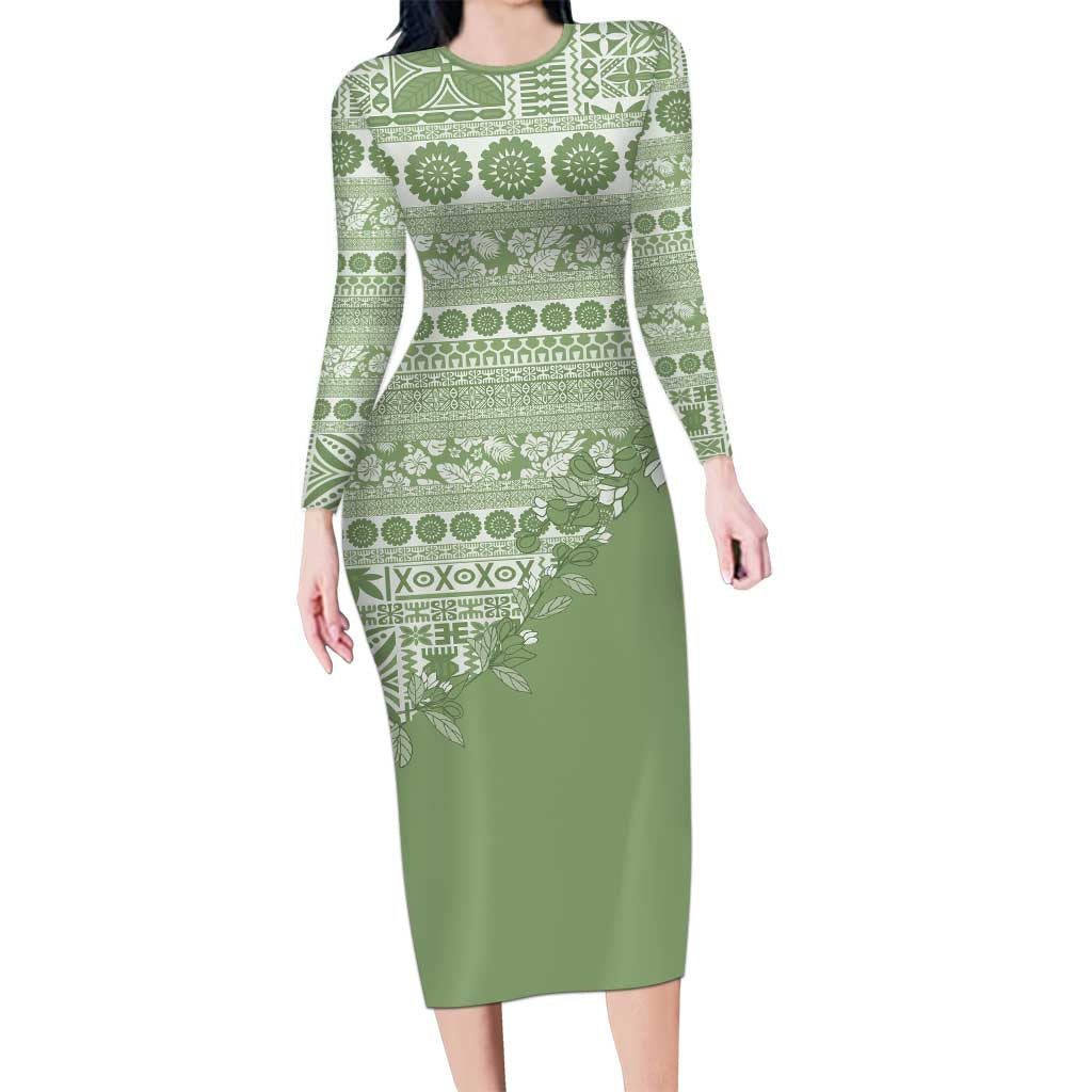 Fiji Marau na Kerisimasi Long Sleeve Bodycon Dress Sage Green Tagimoucia Tapa Masi Tribal - Polynesian Pride