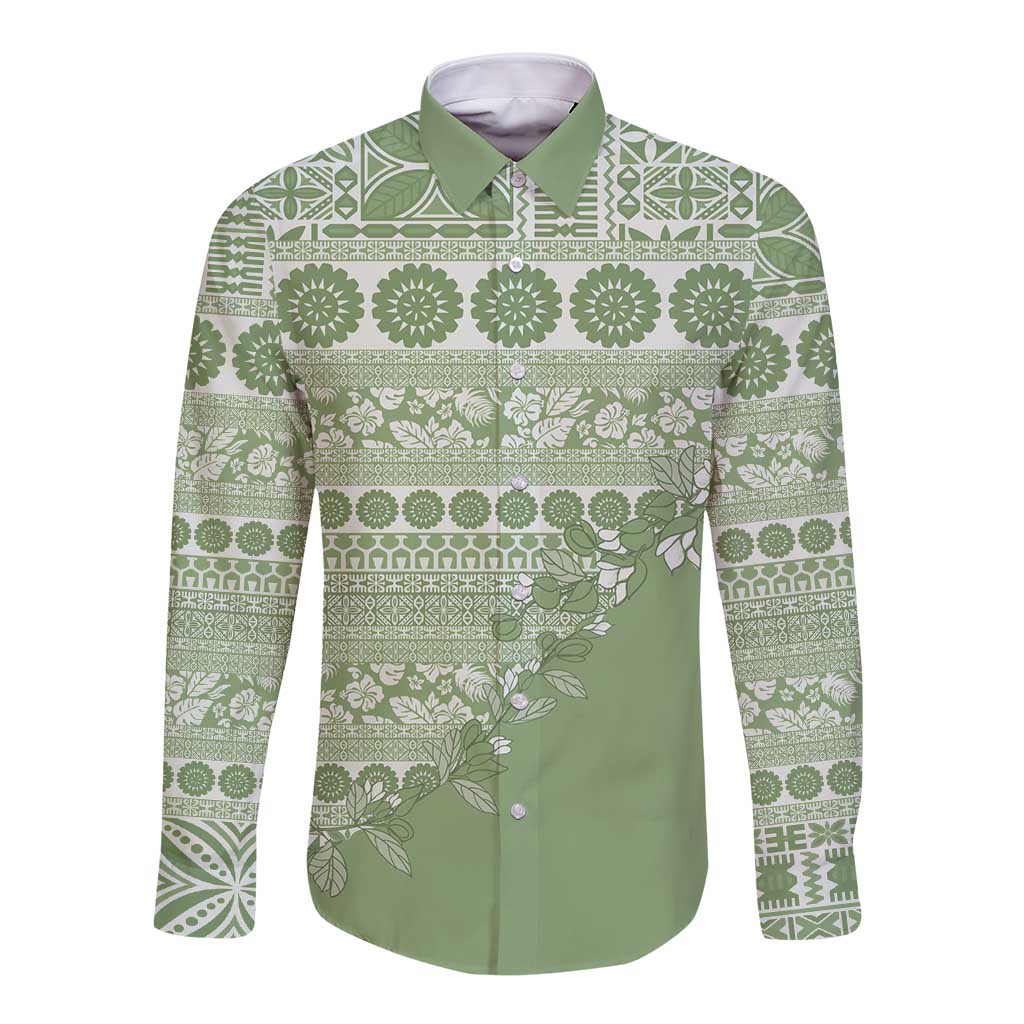 Fiji Marau na Kerisimasi Long Sleeve Button Shirt Sage Green Tagimoucia Tapa Masi Tribal - Polynesian Pride