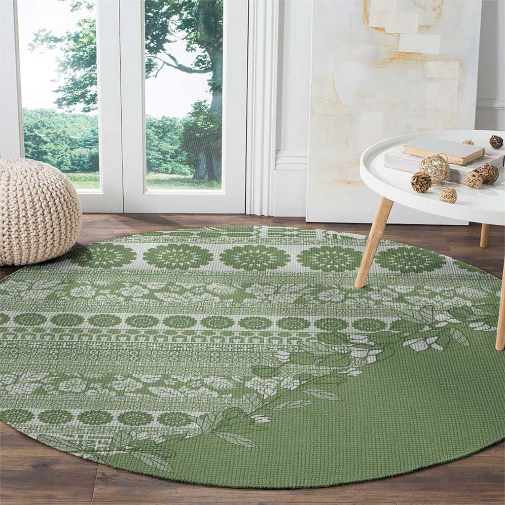 Fiji Marau na Kerisimasi Round Carpet Sage Green Tagimoucia Tapa Masi Tribal - Polynesian Pride
