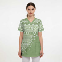 Fiji Marau na Kerisimasi Scrub Top Sage Green Tagimoucia Tapa Masi Tribal - Polynesian Pride