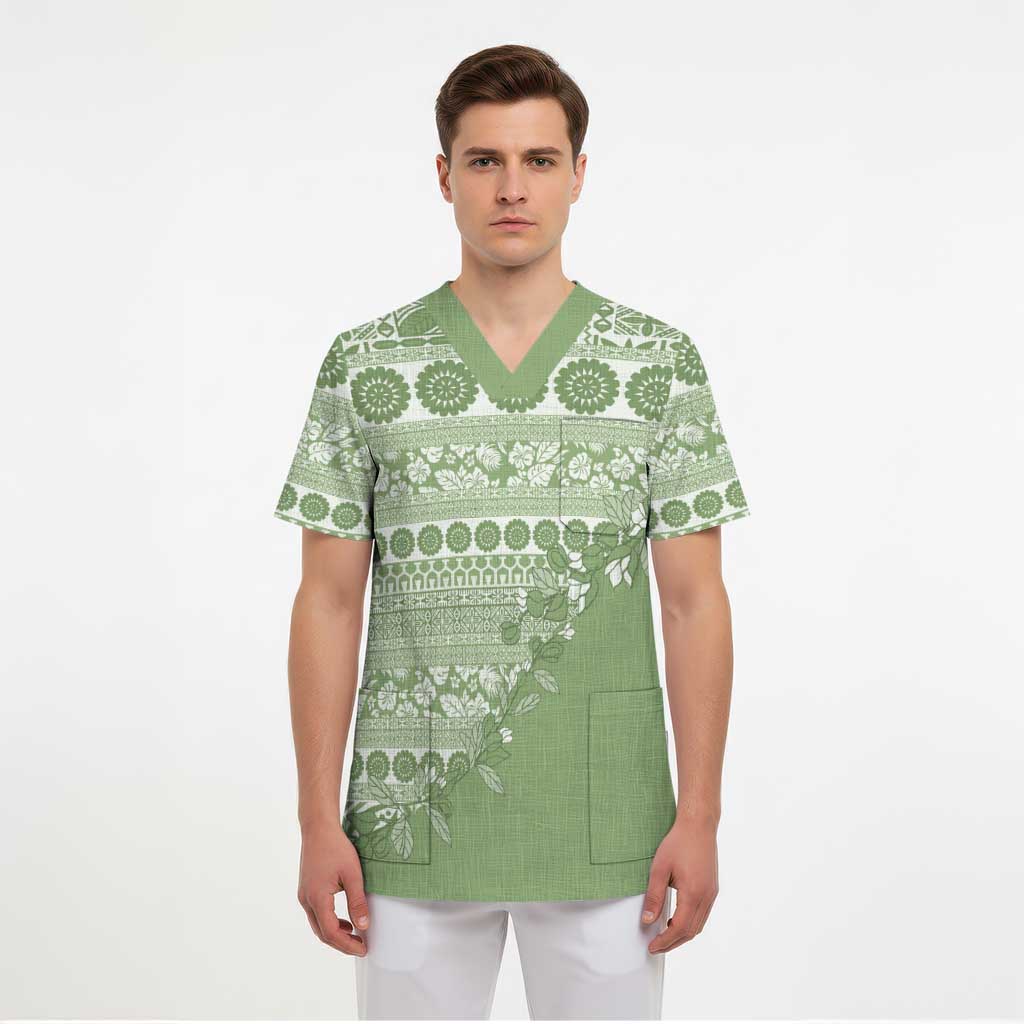 Fiji Marau na Kerisimasi Scrub Top Sage Green Tagimoucia Tapa Masi Tribal - Polynesian Pride