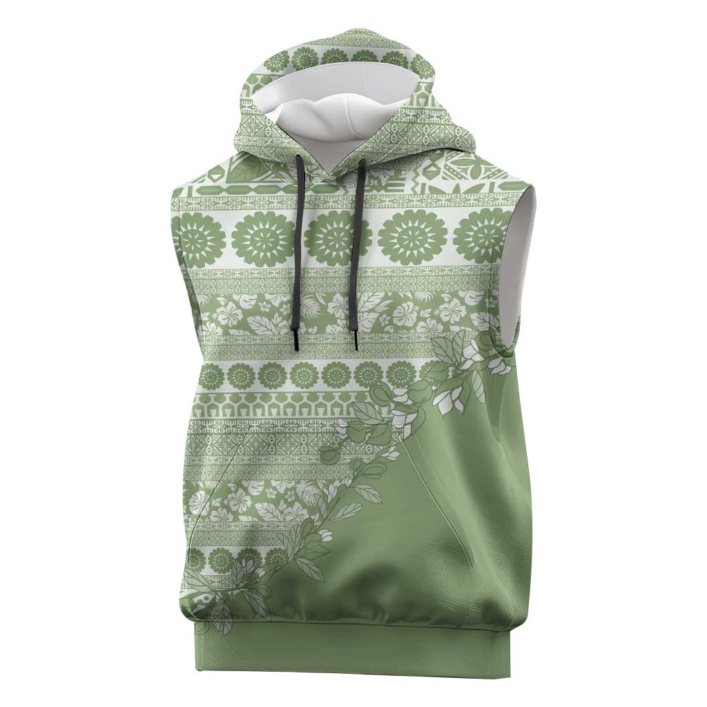 Fiji Marau na Kerisimasi Sleeveless Hoodie Sage Green Tagimoucia Tapa Masi Tribal - Polynesian Pride