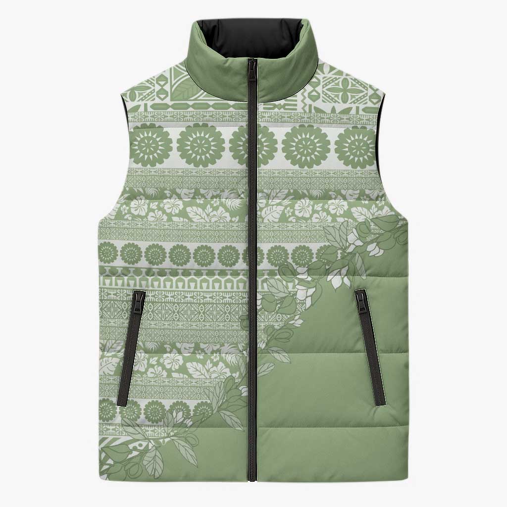 Fiji Marau na Kerisimasi Sleeveless Puffer Jacket Sage Green Tagimoucia Tapa Masi Tribal - Polynesian Pride
