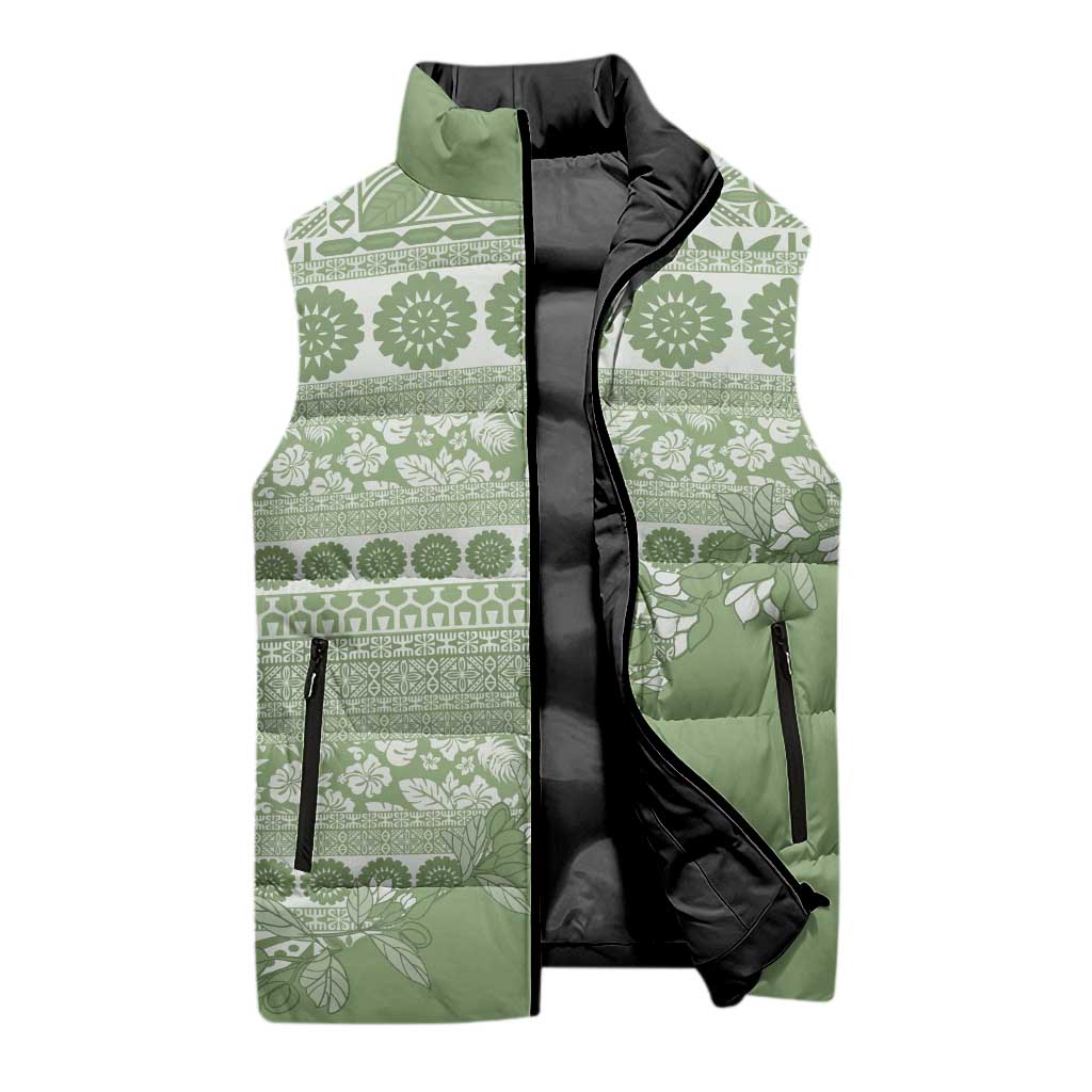 Fiji Marau na Kerisimasi Sleeveless Puffer Jacket Sage Green Tagimoucia Tapa Masi Tribal - Polynesian Pride