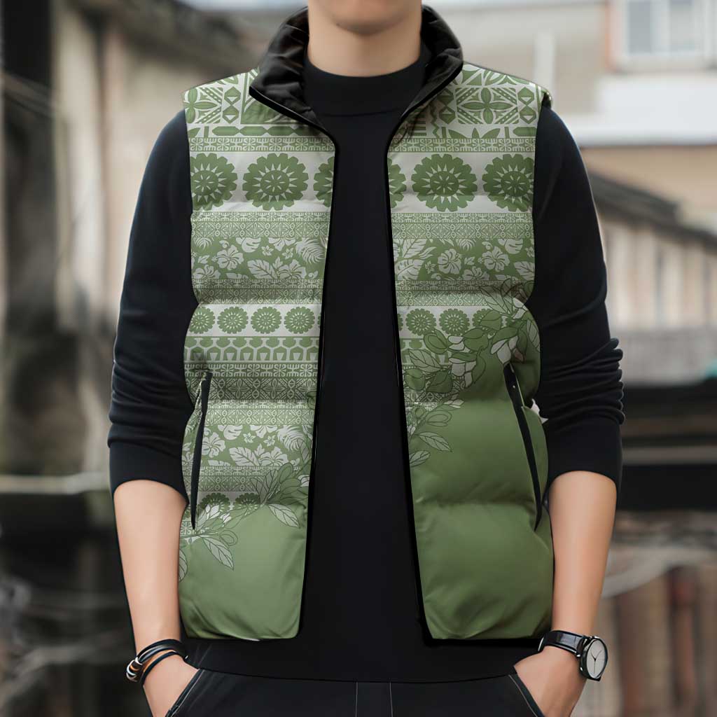 Fiji Marau na Kerisimasi Sleeveless Puffer Jacket Sage Green Tagimoucia Tapa Masi Tribal - Polynesian Pride