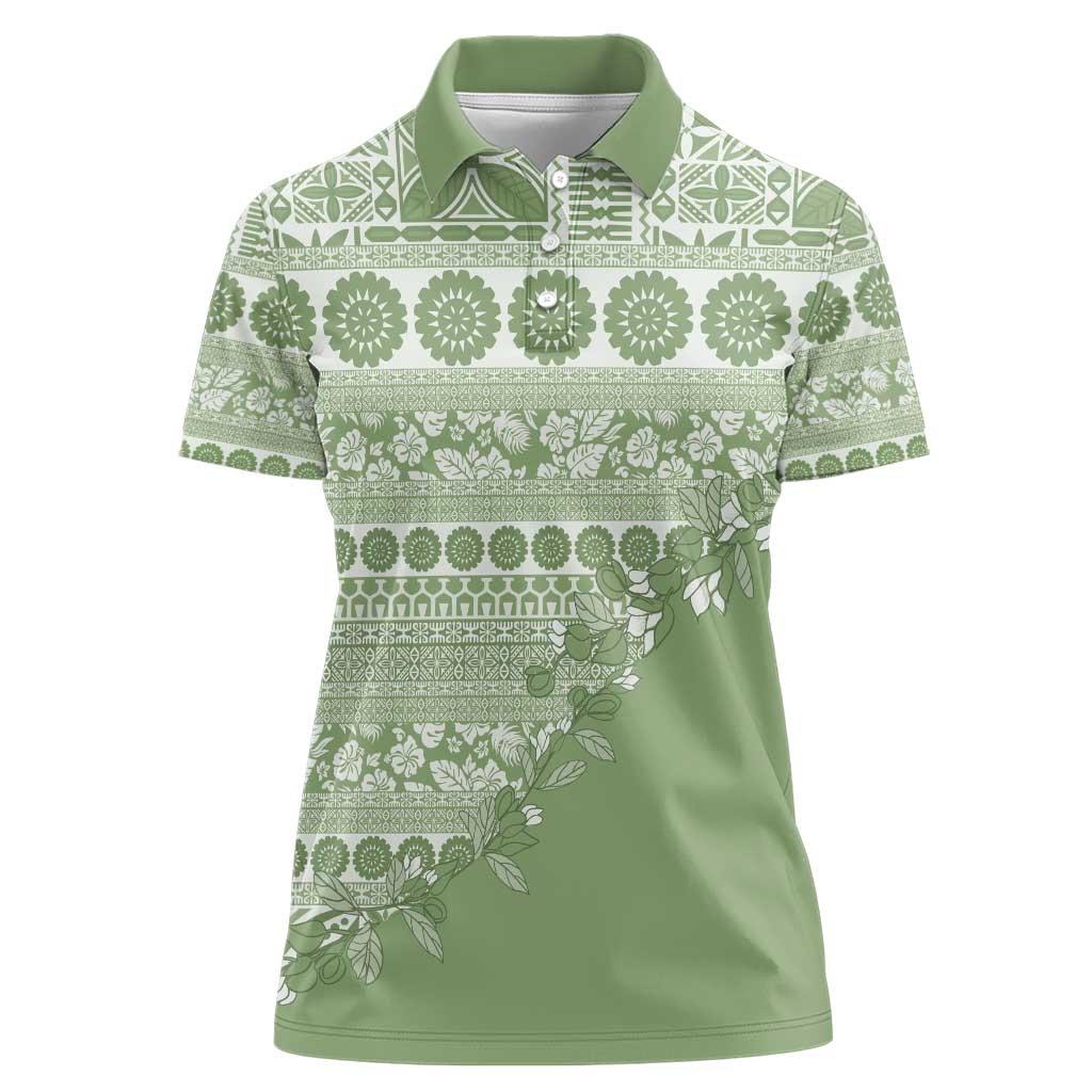 Fiji Marau na Kerisimasi Women Polo Shirt Sage Green Tagimoucia Tapa Masi Tribal - Polynesian Pride