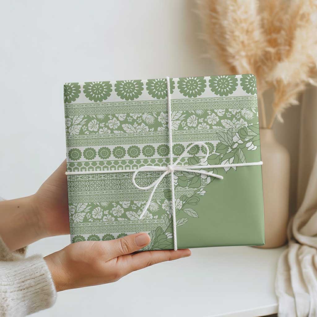Fiji Marau na Kerisimasi Wrapping Paper Sage Green Tagimoucia Tapa Masi Tribal - Polynesian Pride