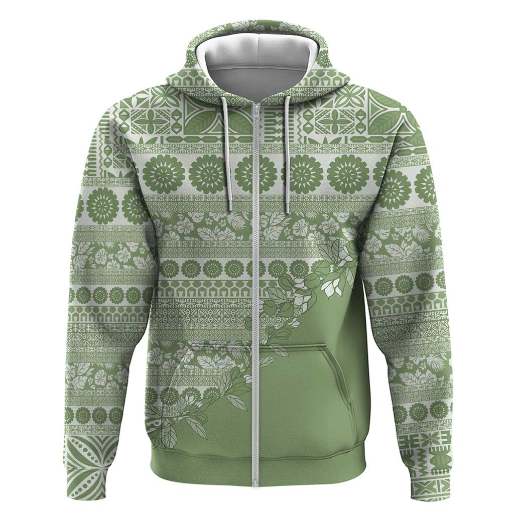 Fiji Marau na Kerisimasi Zip Hoodie Sage Green Tagimoucia Tapa Masi Tribal - Polynesian Pride