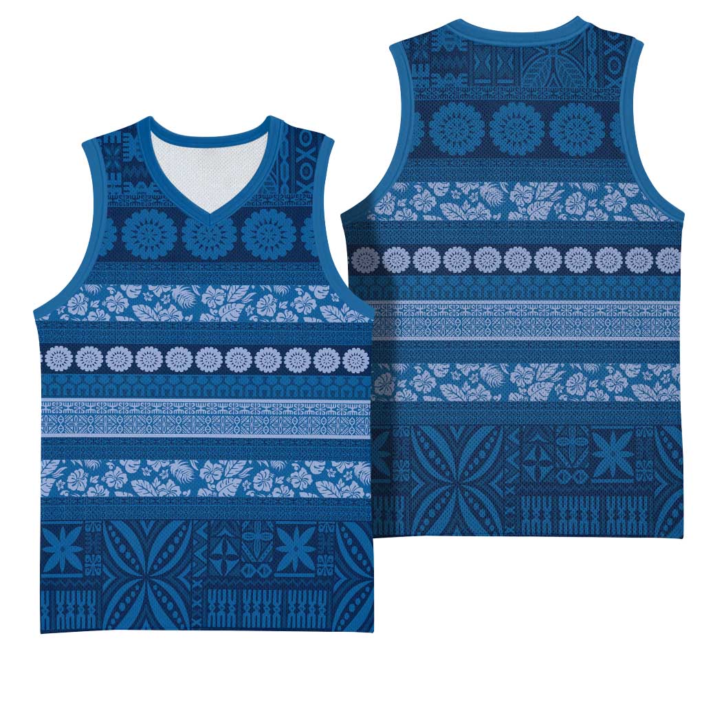 Fiji Marau na Kerisimasi Basketball Jersey Blue Tapa Masi Inspired Christmas - Polynesian Pride