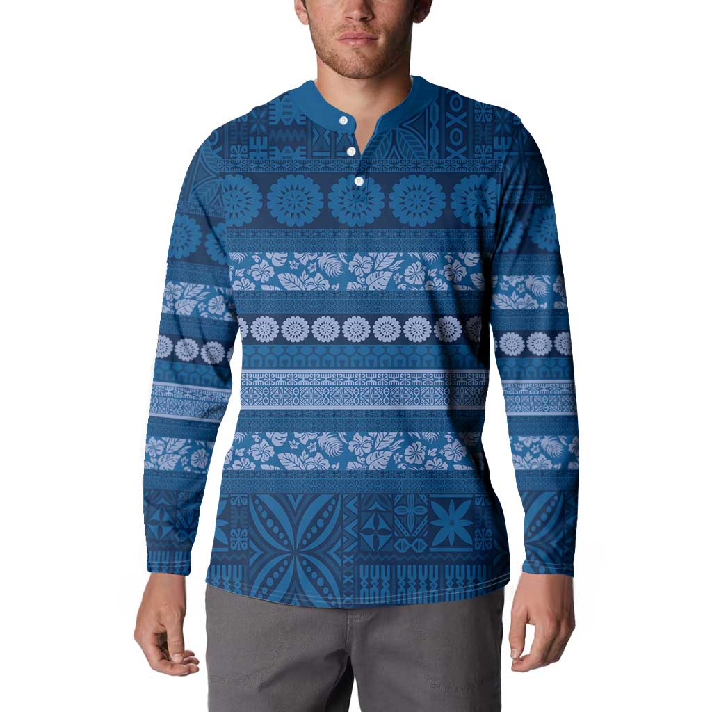 Fiji Marau na Kerisimasi Button Sweatshirt Blue Tapa Masi Inspired Christmas - Polynesian Pride