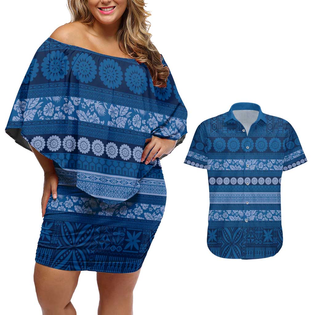 Fiji Marau na Kerisimasi Couples Matching Off Shoulder Short Dress and Hawaiian Shirt Blue Tapa Masi Inspired Christmas - Polynesian Pride