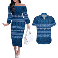 Fiji Marau na Kerisimasi Couples Matching Off The Shoulder Long Sleeve Dress and Hawaiian Shirt Blue Tapa Masi Inspired Christmas - Polynesian Pride