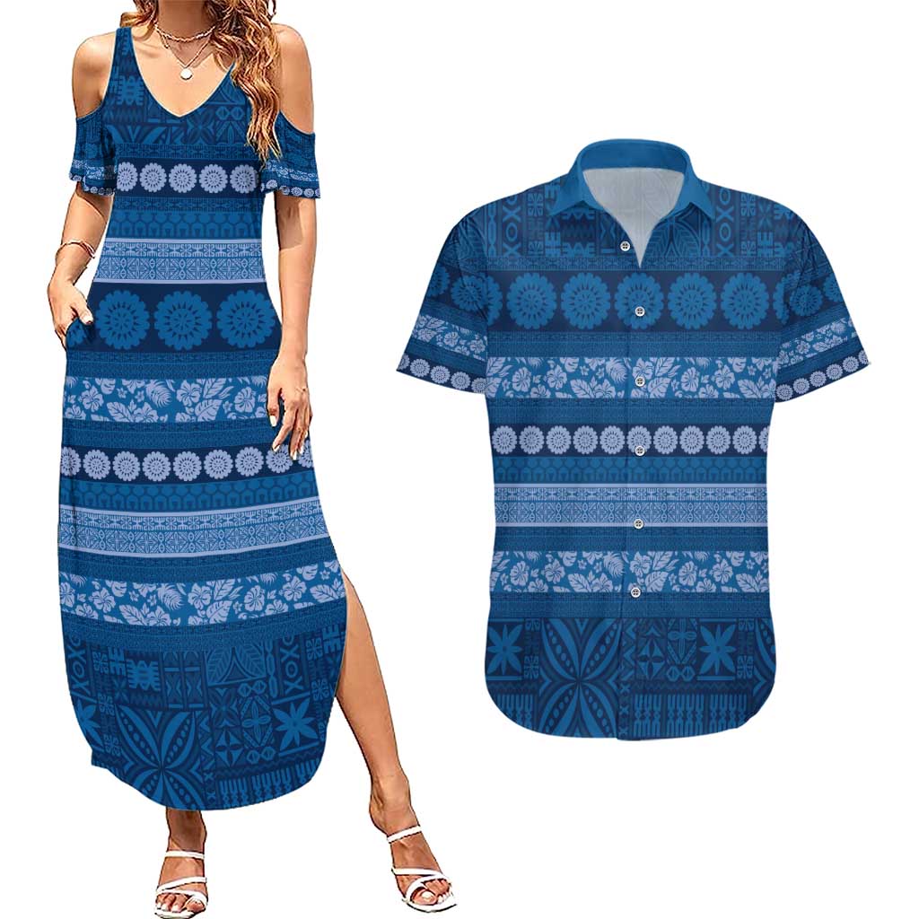 Fiji Marau na Kerisimasi Couples Matching Summer Maxi Dress and Hawaiian Shirt Blue Tapa Masi Inspired Christmas - Polynesian Pride