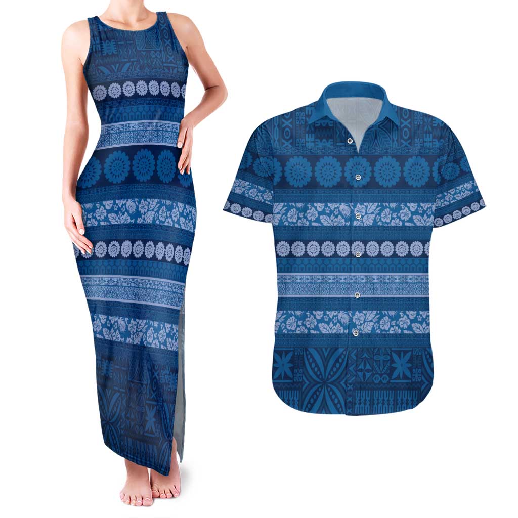 Fiji Marau na Kerisimasi Couples Matching Tank Maxi Dress and Hawaiian Shirt Blue Tapa Masi Inspired Christmas - Polynesian Pride
