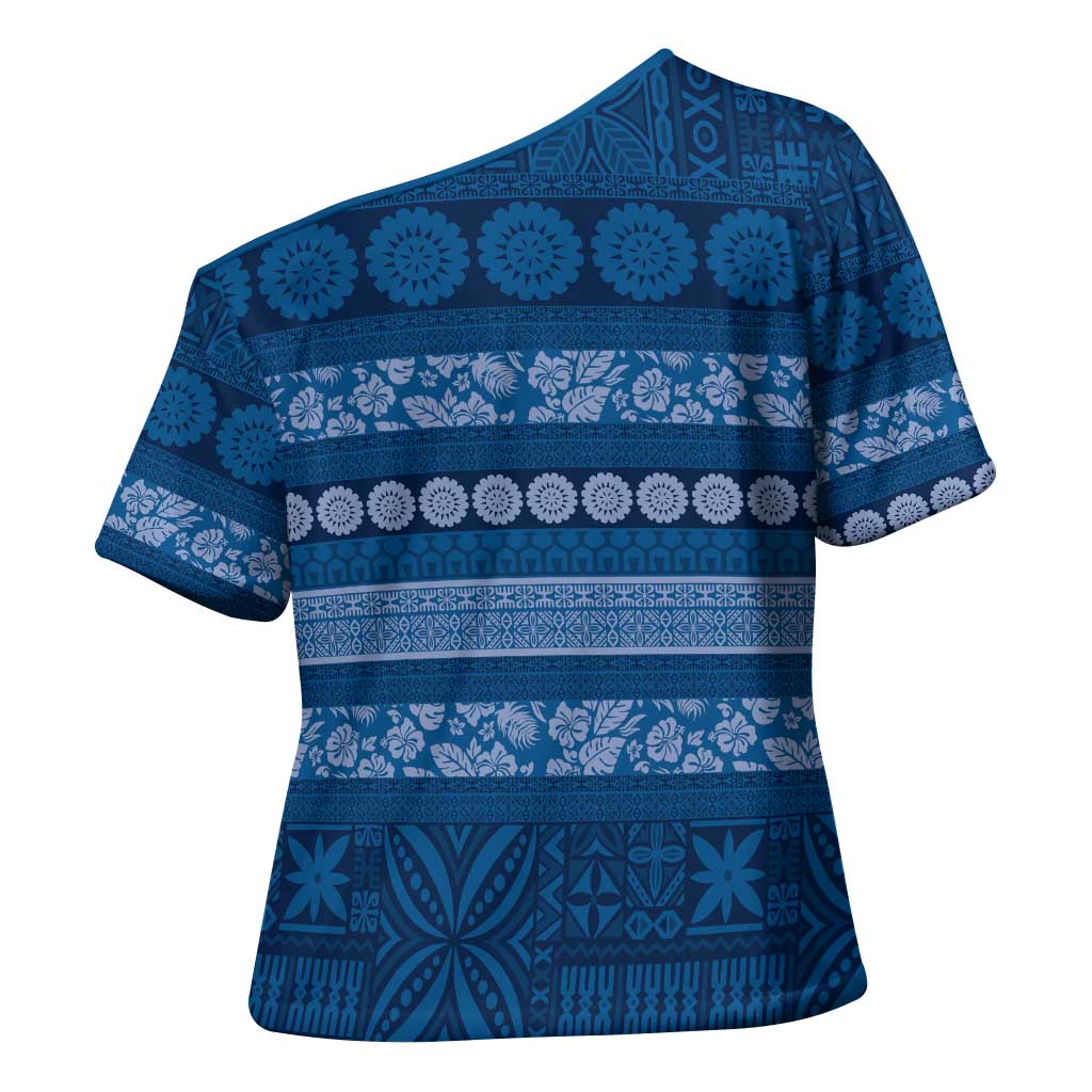 Fiji Marau na Kerisimasi Cross Shoulder Shirt Blue Tapa Masi Inspired Christmas - Polynesian Pride