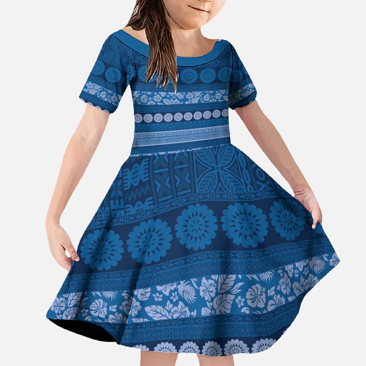 Fiji Marau na Kerisimasi Family Matching Off The Shoulder Long Sleeve Dress and Hawaiian Shirt Blue Tapa Masi Inspired Christmas - Polynesian Pride